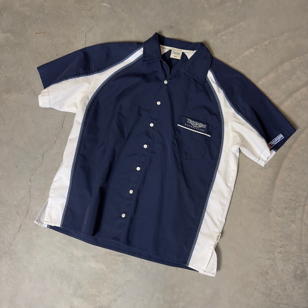 Vintage Triumph Motorcycles Pit Shirt Mens XXL Navy Blue White Racing Biker Y2K